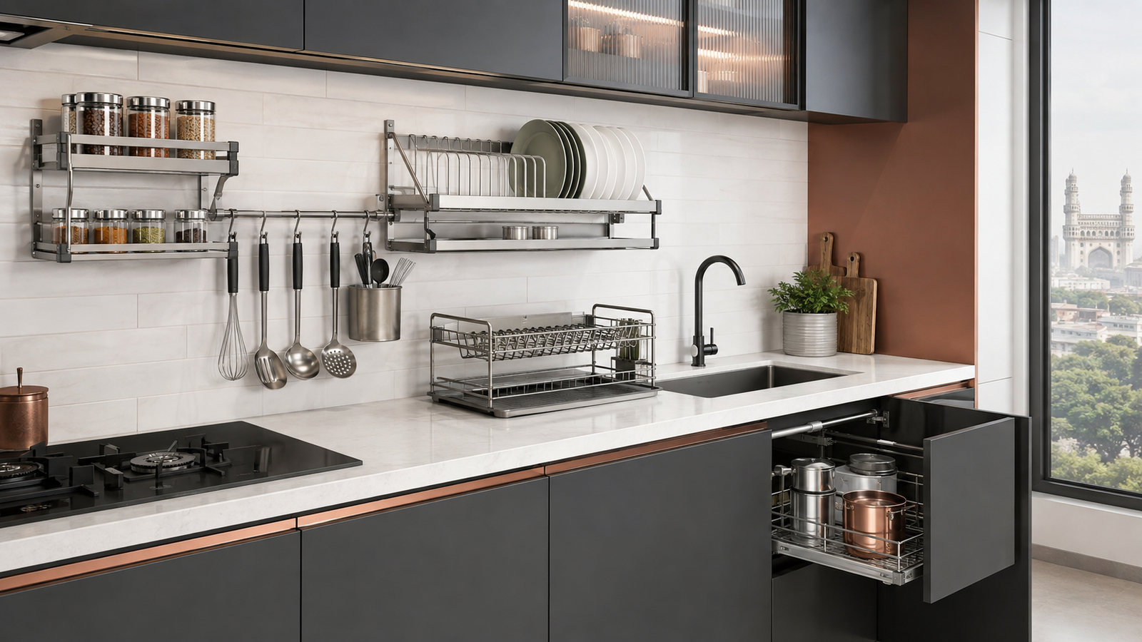 Stainless steel kitchen racks Hyderabad for spices plates utensils and dishes