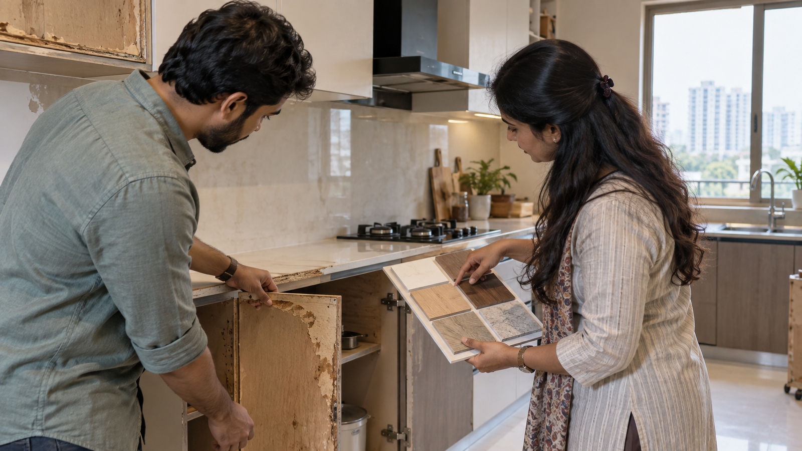 Hyderabad homeowner discussing plywood kitchen replacement options with an interior designer