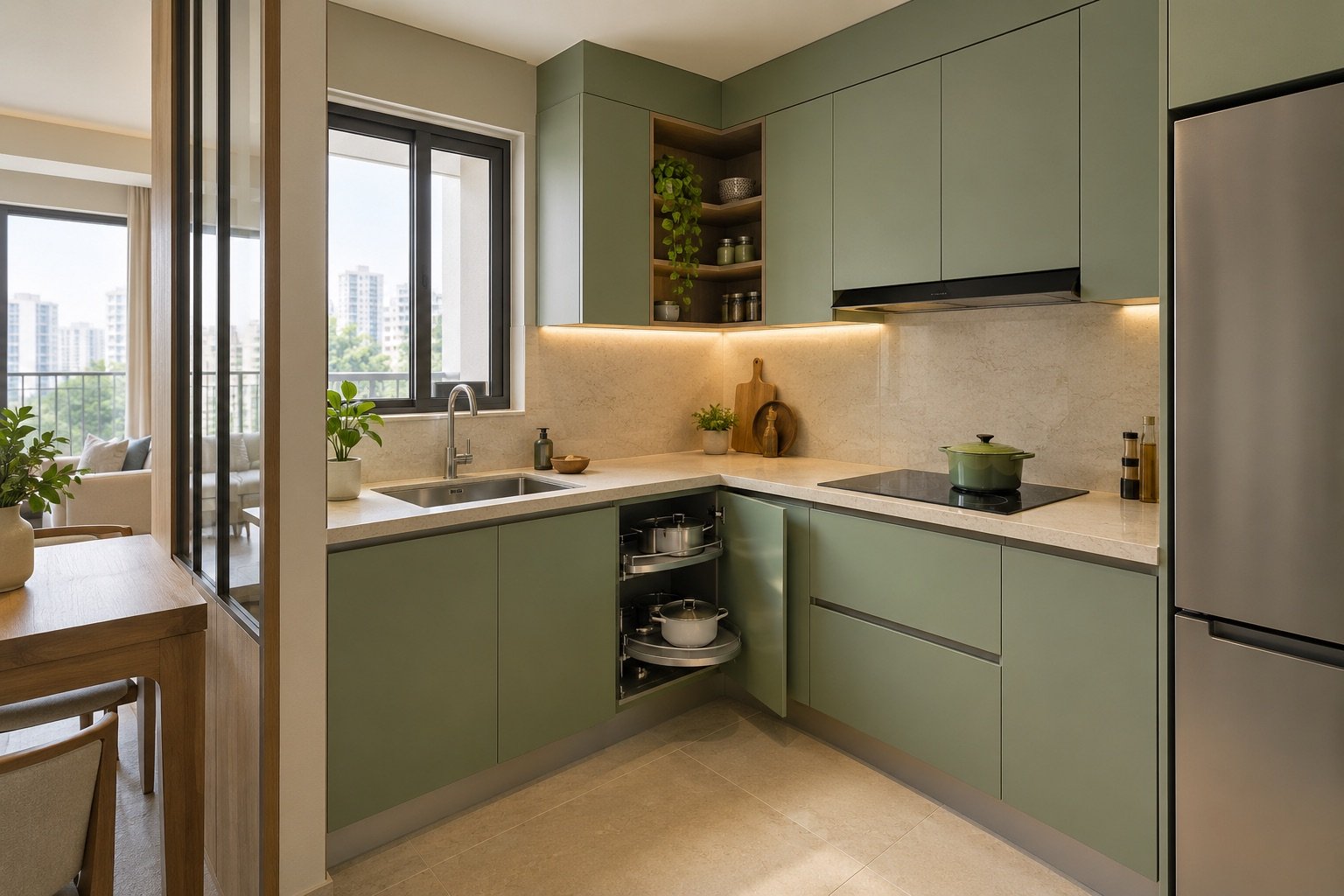 Concept of an L-shaped aluminium kitchen with sage green cabinets and a separate sink zone