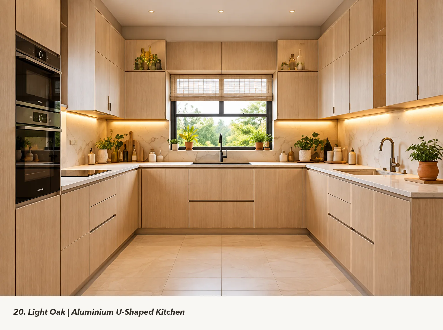 Concept render of light Oak U-Shaped Kitchen Design with White Countertops