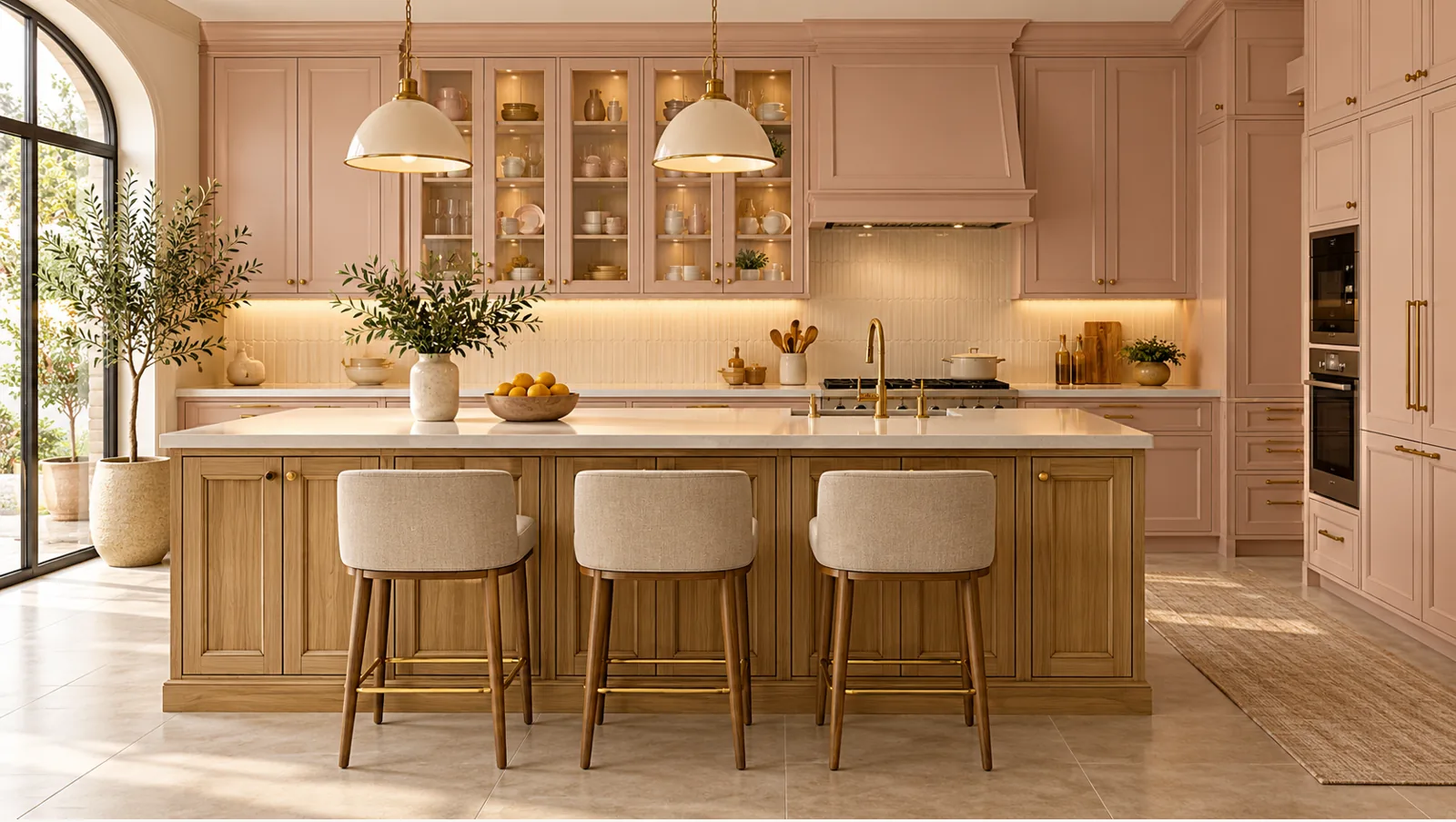 Concept render of light Teak Island Kitchen Design with Blush Pink Cabinets