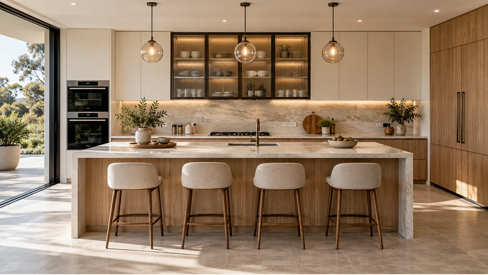 Concept render of maple and White Island Kitchen Design with Glass Display Units