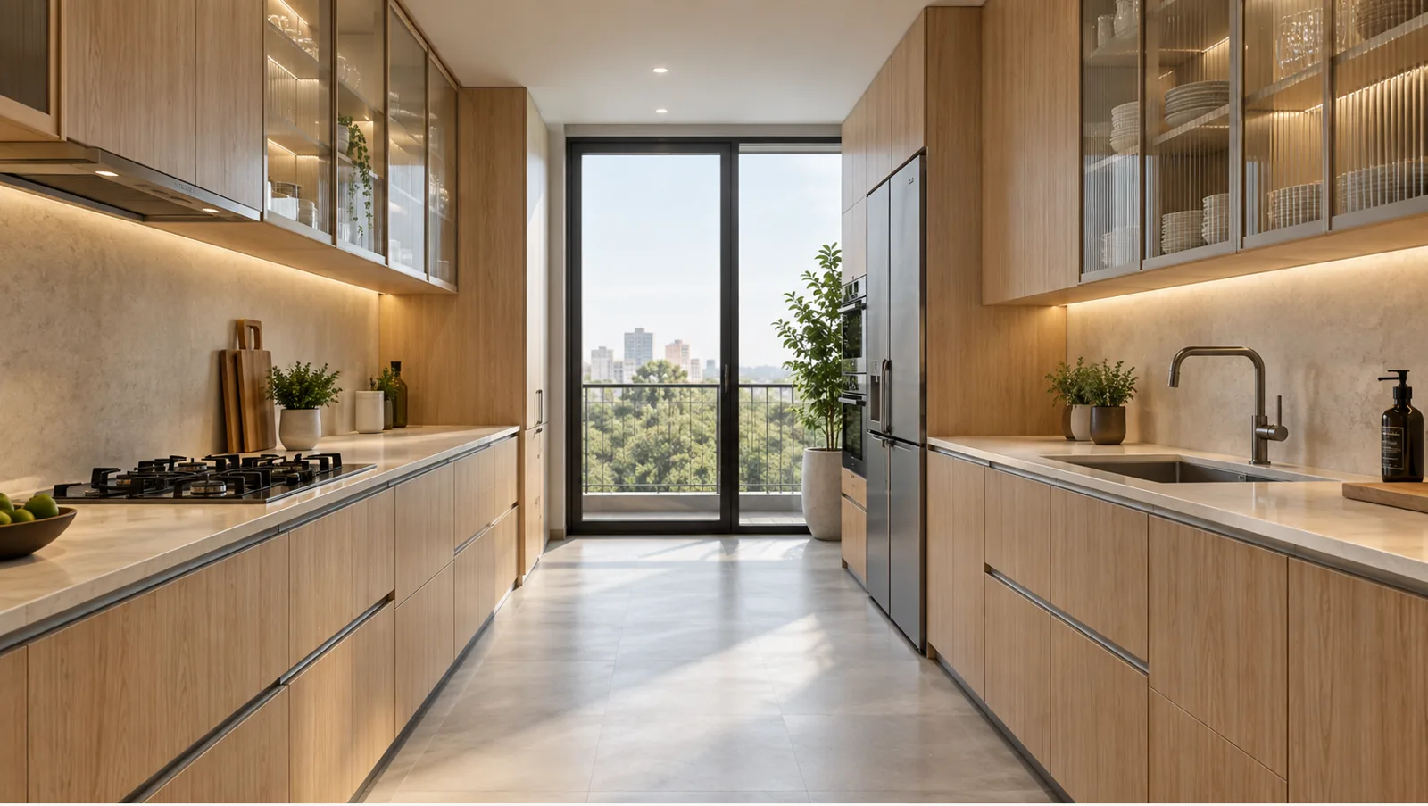 Concept render of maple Wood Parallel Kitchen Design with Full Wood-Look Cabinetry