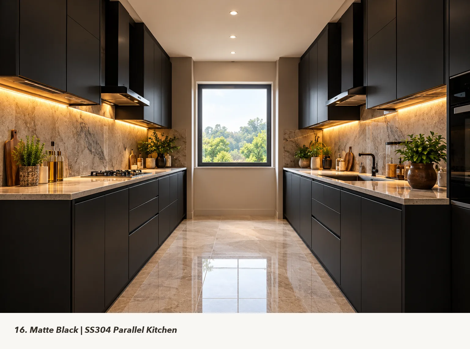 Concept render of matte Black Parallel Kitchen Design with Window-End Sink