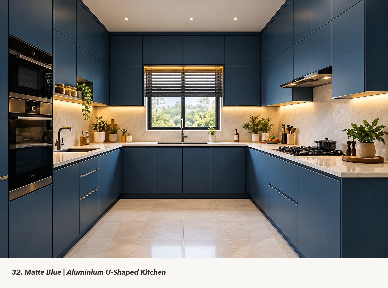 Concept render of matte Blue U-Shaped Kitchen Design with Window-Side Counter