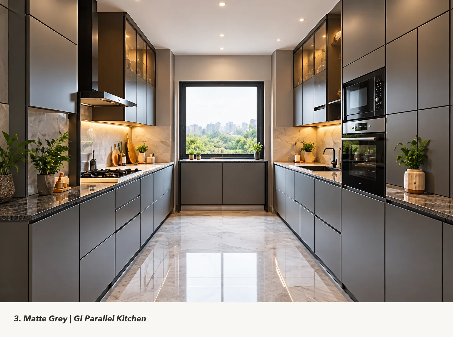Concept render of matte Grey Parallel Kitchen Design with Window-End Counter