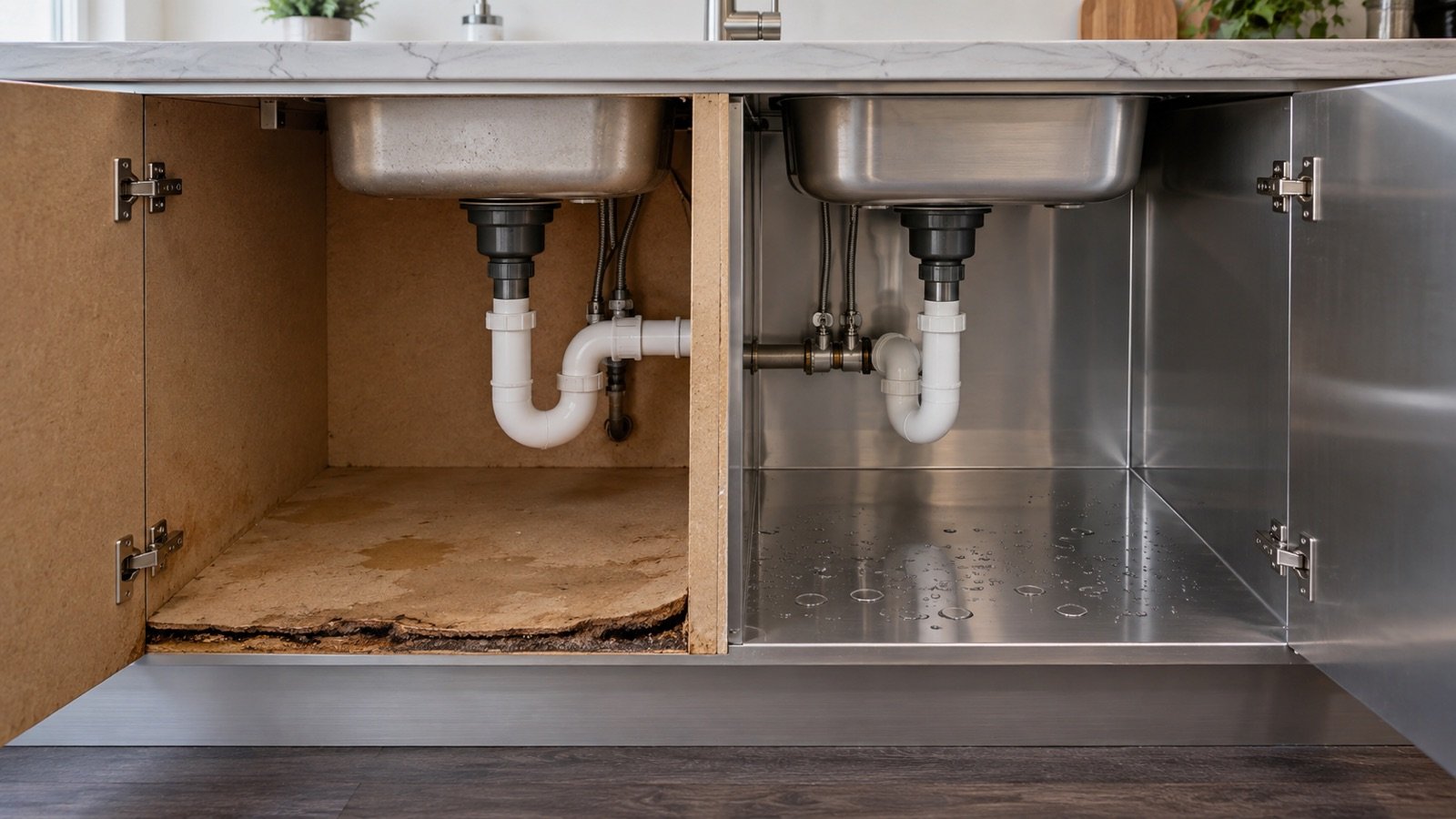 Water-damaged board cabinet edge beside a non-absorbent stainless-steel cabinet base