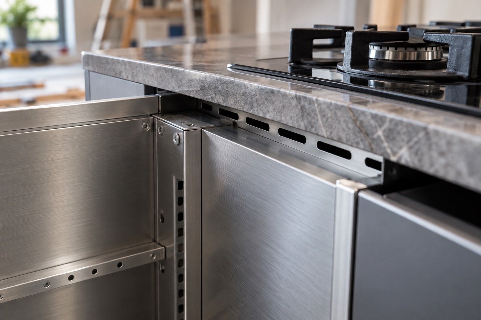 Metal cabinet and hob clearance detail in a fire-resistant kitchen