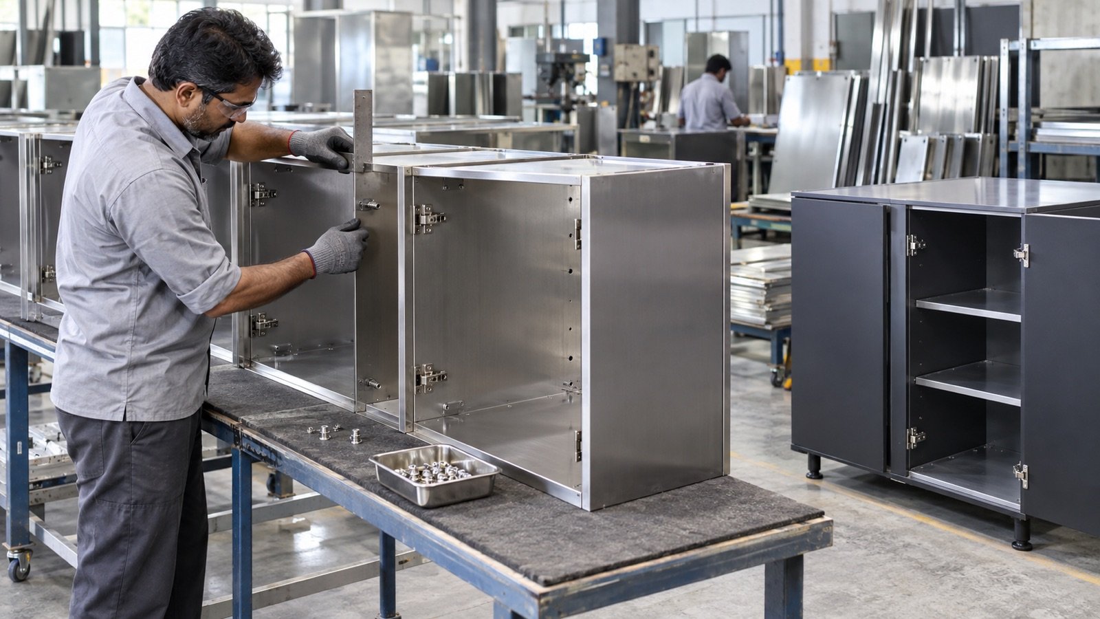 Metal cabinet quality inspection for a metal vs WPC kitchen in Hyderabad