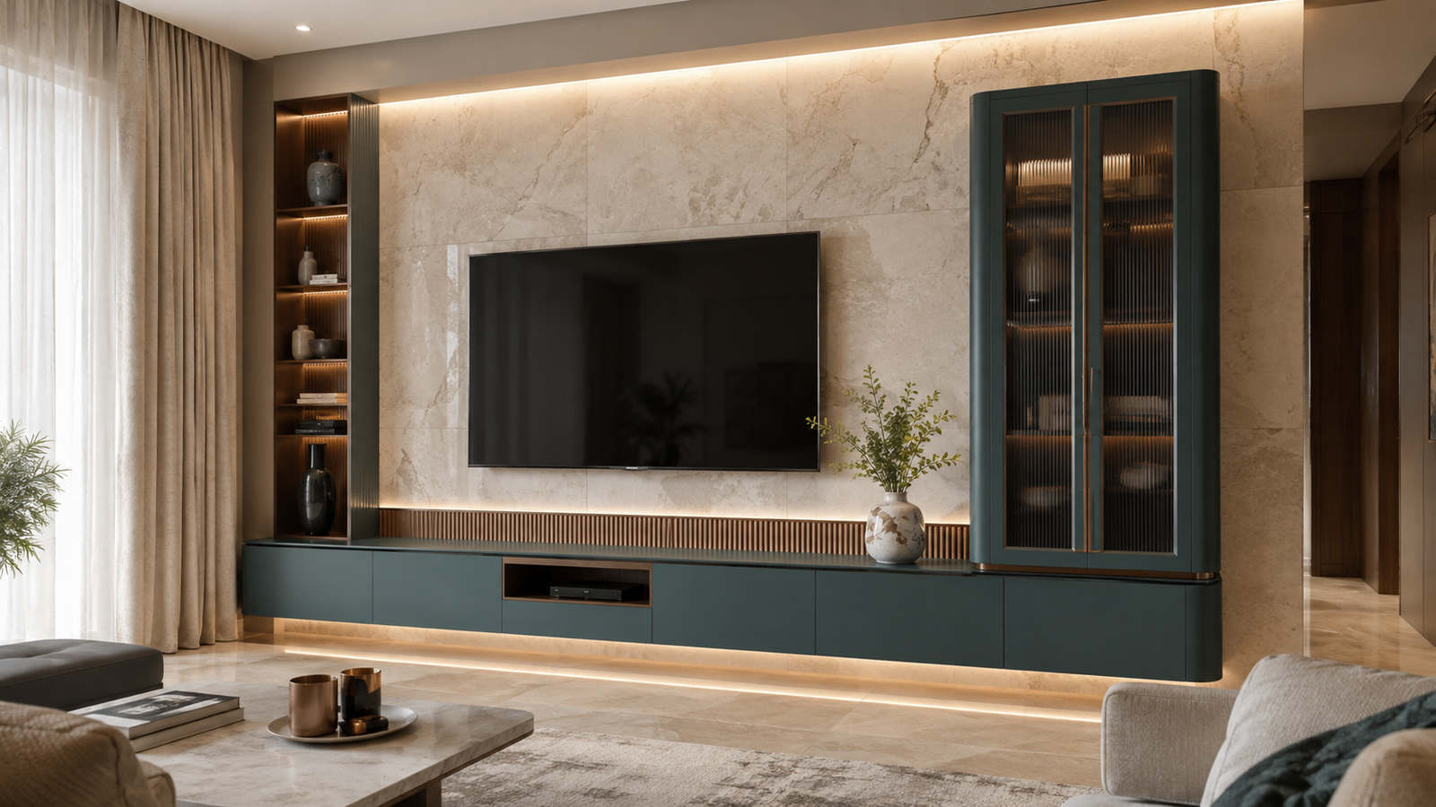 Modern metal TV unit designs Hyderabad with floating storage and concealed wiring