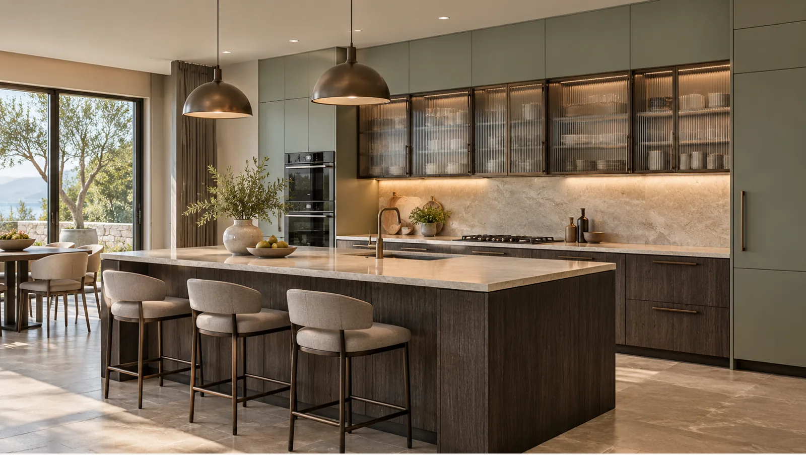 Concept render of midnight Brown Island Kitchen Design with Sage Cabinetry