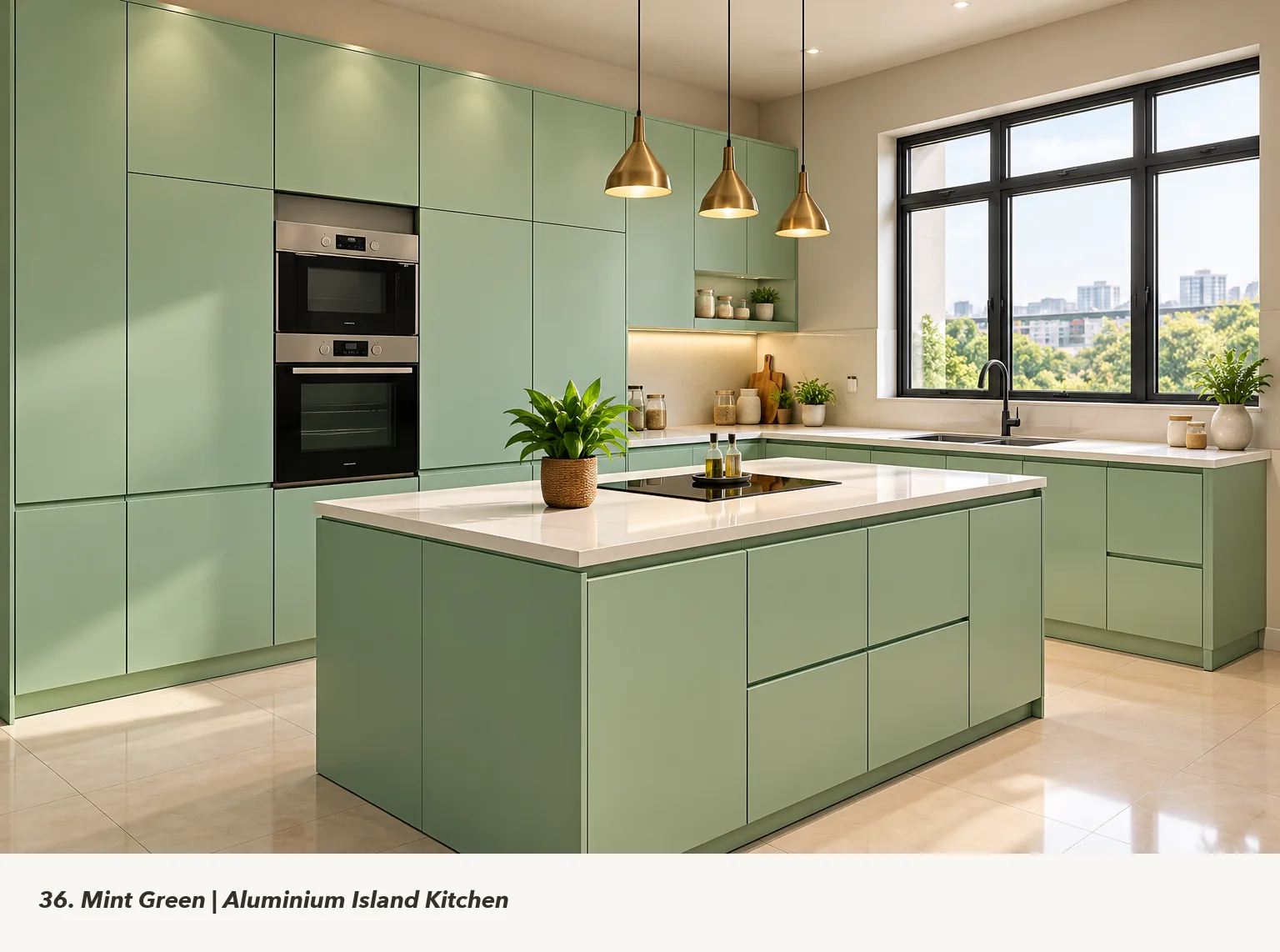 Concept render of mint Green Island Kitchen Design with Window-Side Cabinets