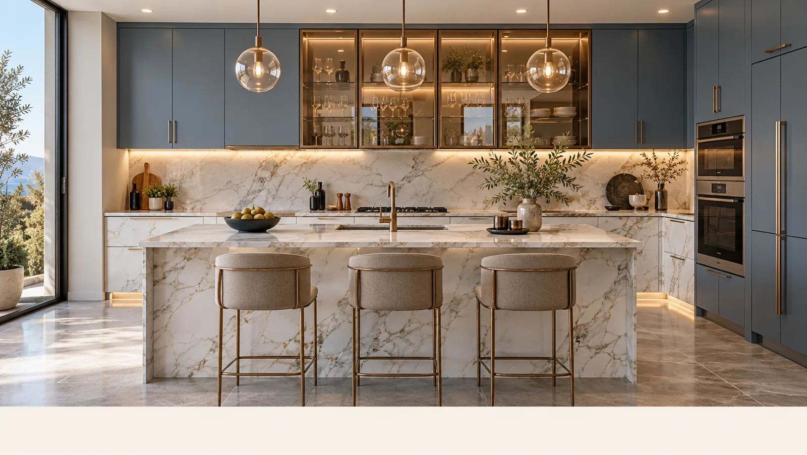 Concept render of misty Blue Island Kitchen Design with Marble-Look Counter
