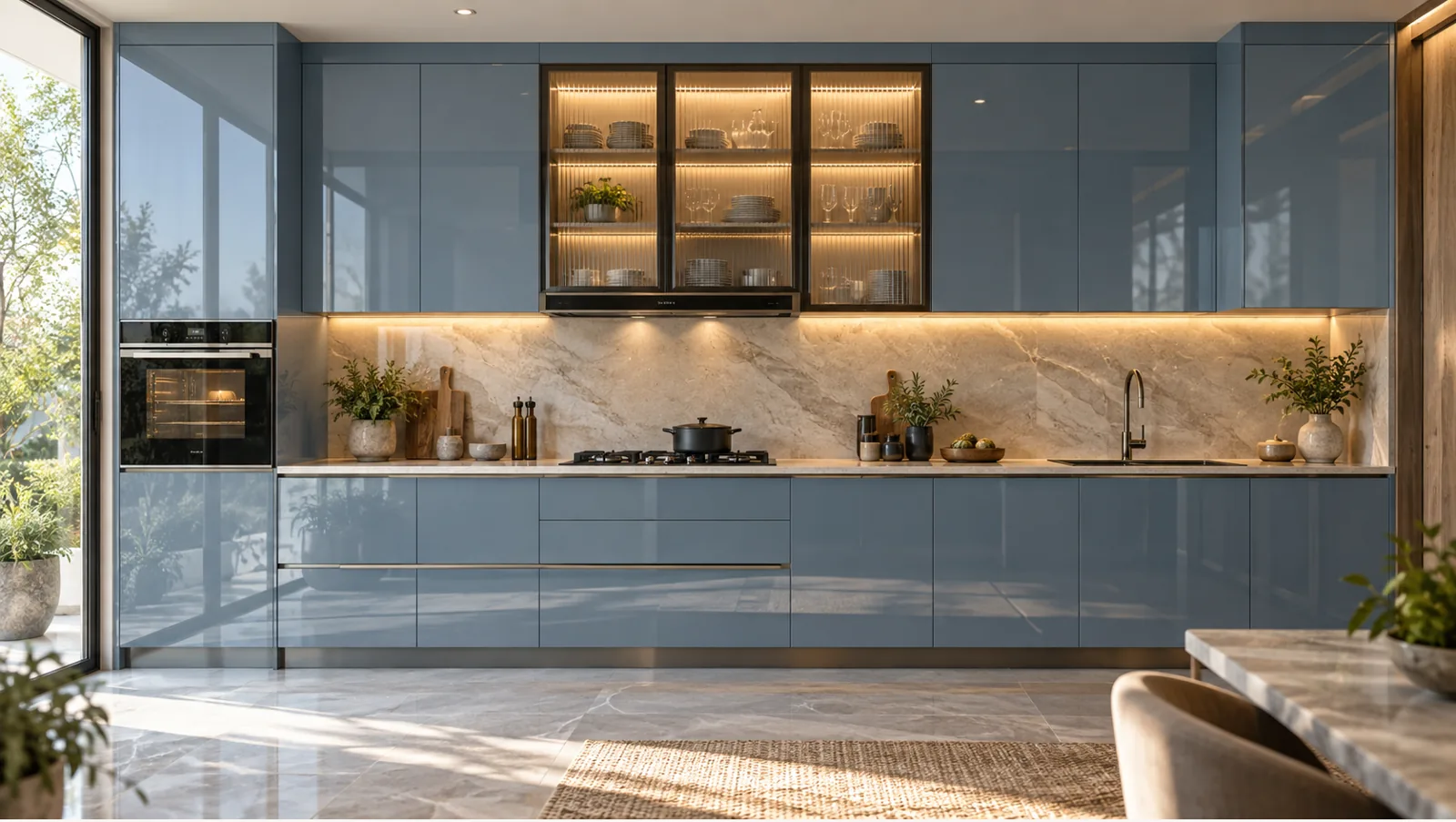 Concept render of misty Blue Straight Kitchen Design with Glossy Glass Overheads