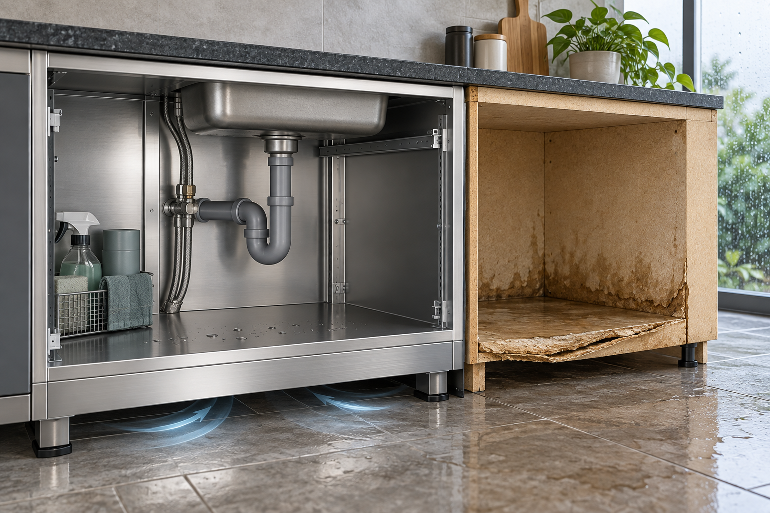Monsoon cabinet comparison showing a raised metal plinth and non-absorbent body beside water-damaged fibreboard