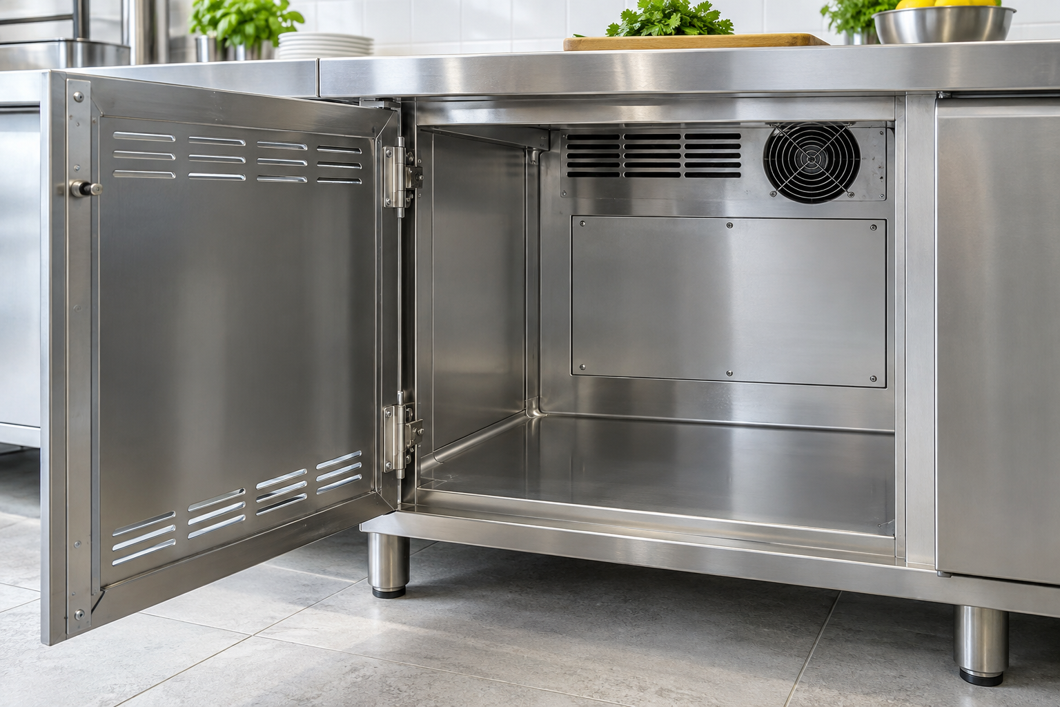 Diagram of moisture, warmth, organic residue and still air combining to allow mould in a kitchen cabinet