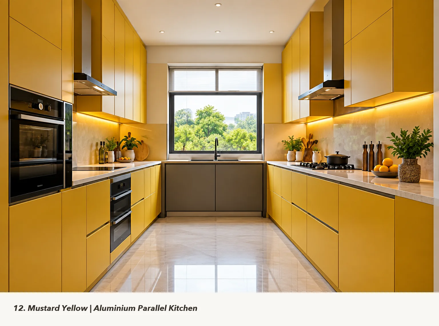Concept render of mustard Yellow Parallel Kitchen Design with White Countertops