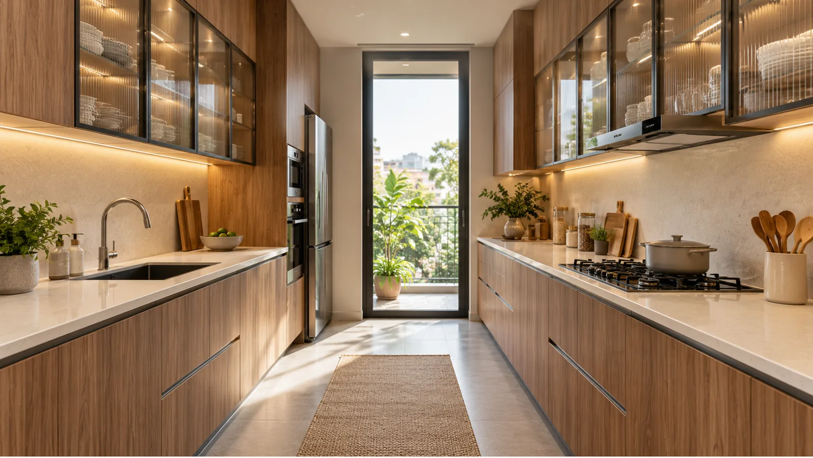 Concept render of natural Wood Parallel Kitchen Design with Twin Counter Runs