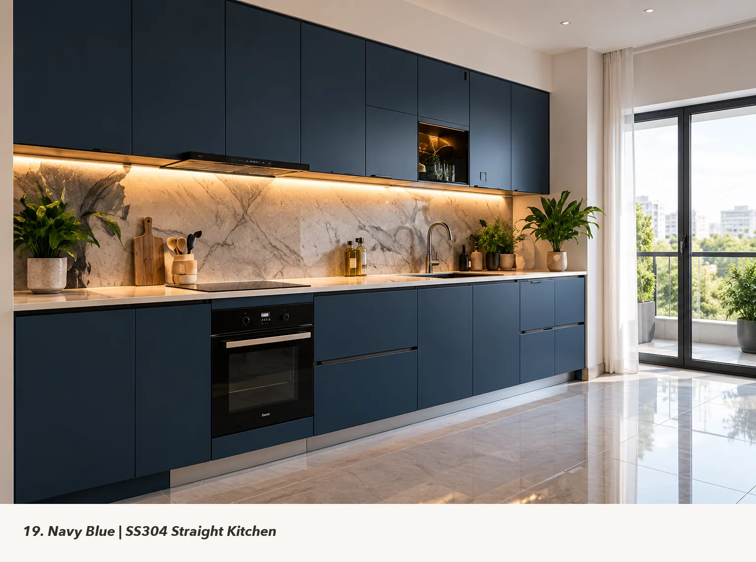 Concept render of navy Blue Straight Kitchen Design with Open Wood Shelves