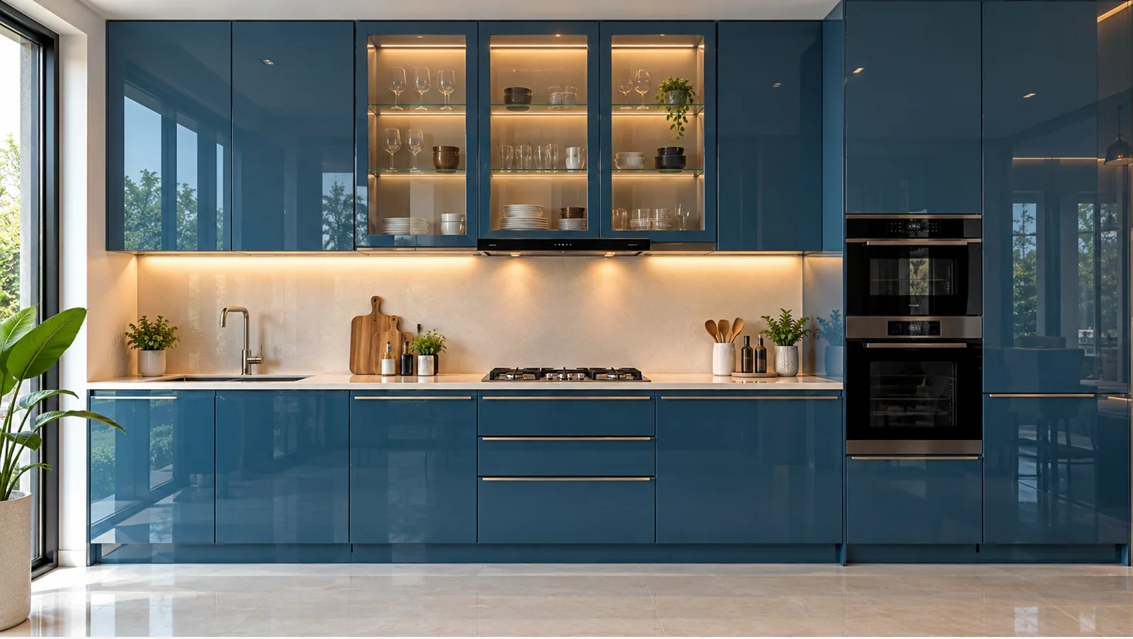 Concept render of ocean Blue Straight Kitchen Design with High-Gloss Cabinets