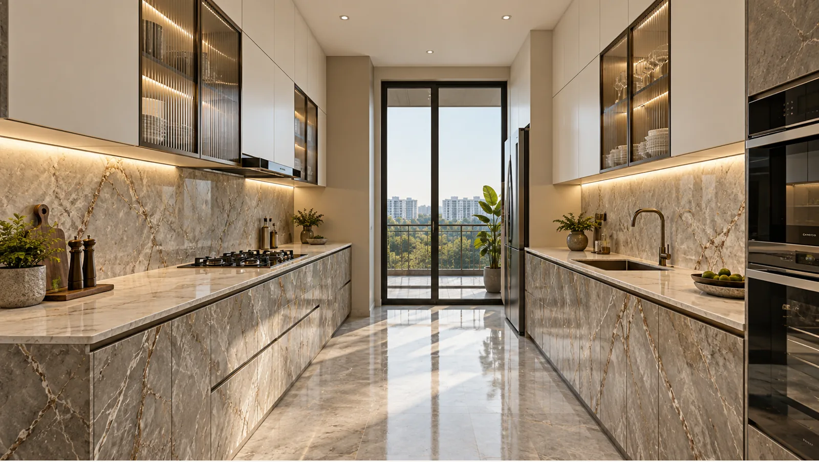 Concept render of pale Marble-Look Parallel Kitchen Design with Glass Overheads