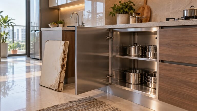 Particle board vs metal kitchen with stainless-steel cabinet interior in Hyderabad