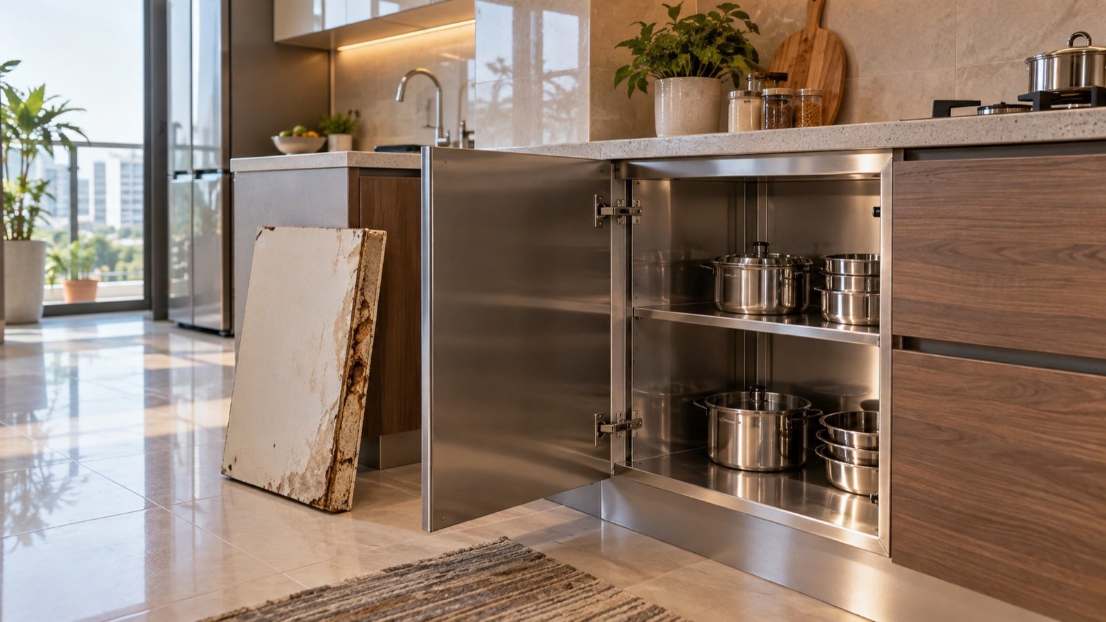 Particle board vs metal kitchen with stainless-steel cabinet interior in Hyderabad
