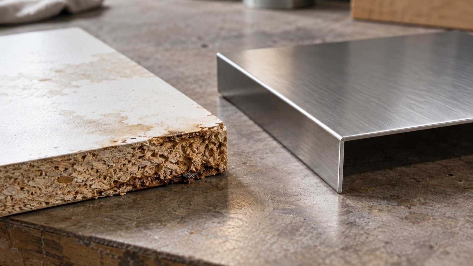 Water-damaged particle-board edge beside a folded stainless-steel cabinet panel