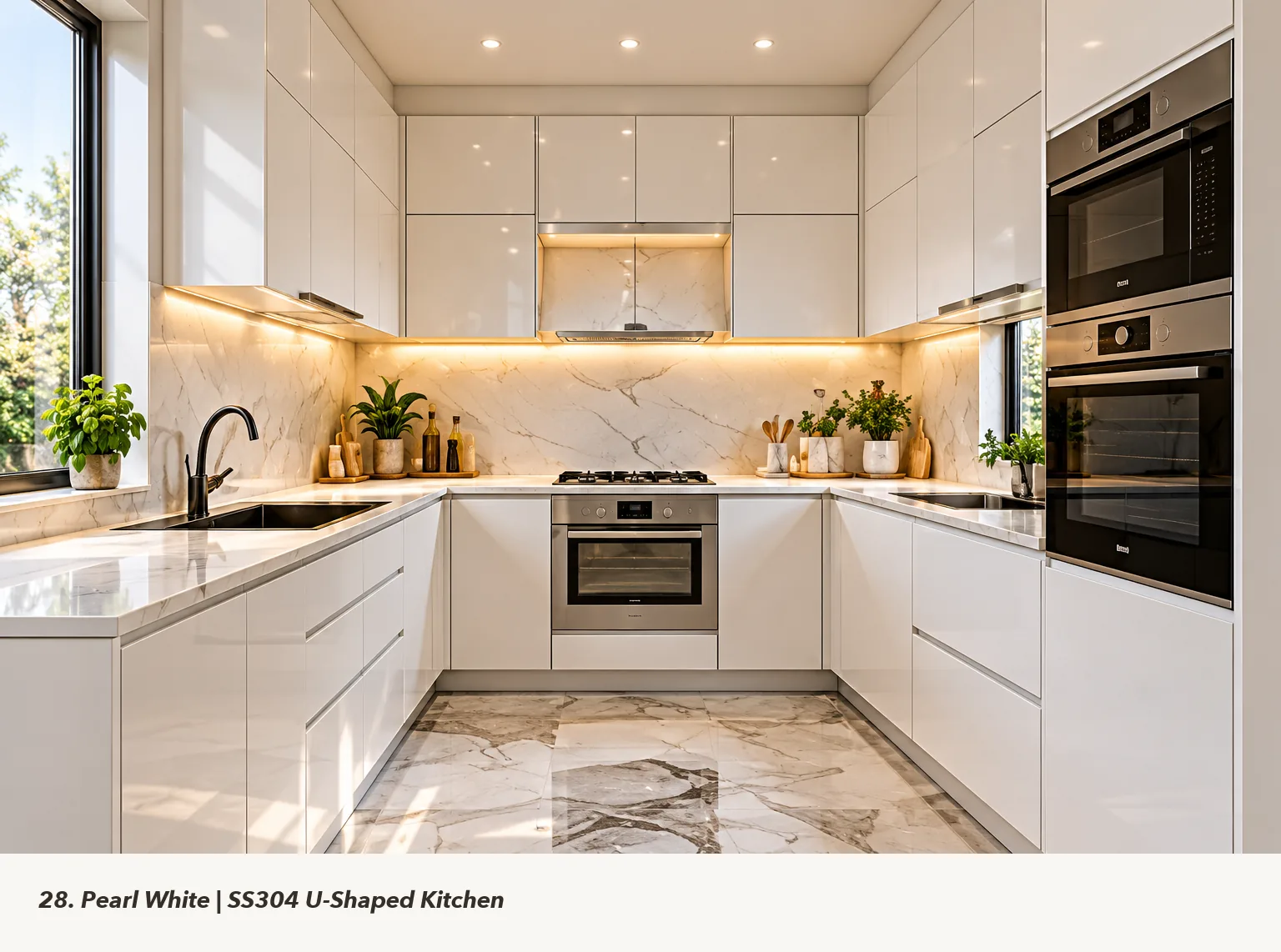 Concept render of pearl White U-Shaped Kitchen Design with Marble-Look Backsplash