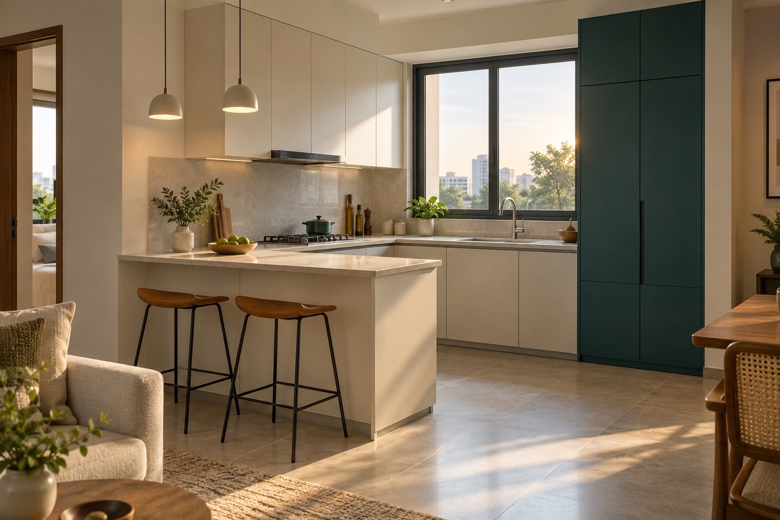 Concept of an ivory aluminium kitchen with a peninsula and defined storage zones