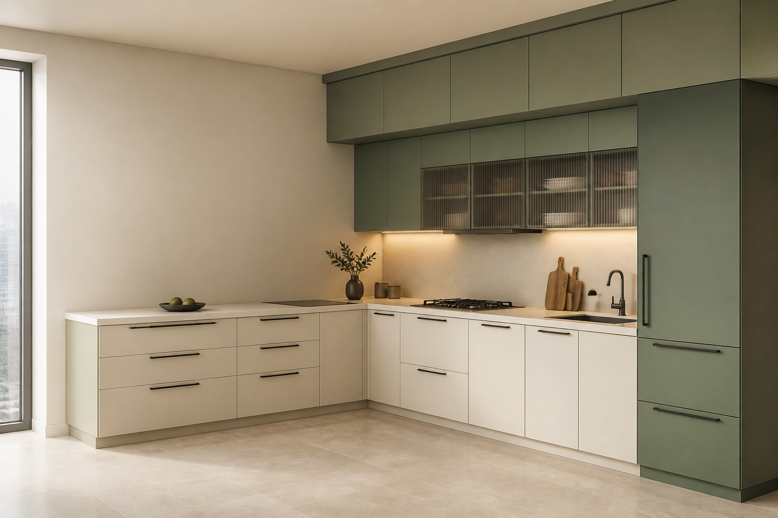 PU painted metal modular kitchen with selectable cabinet zones