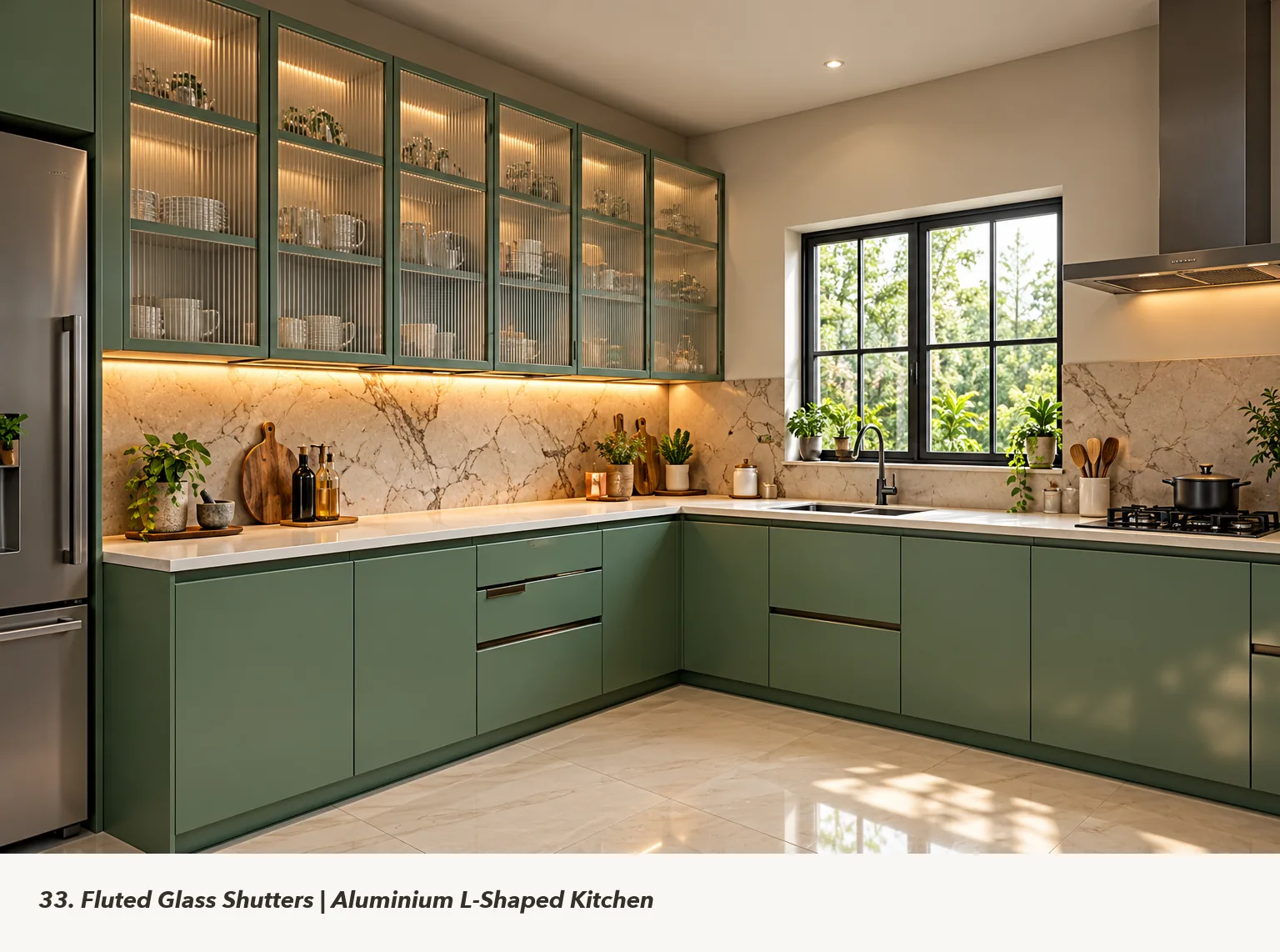 Concept render of sage Green L-Shaped Kitchen Design with Fluted Glass Overheads