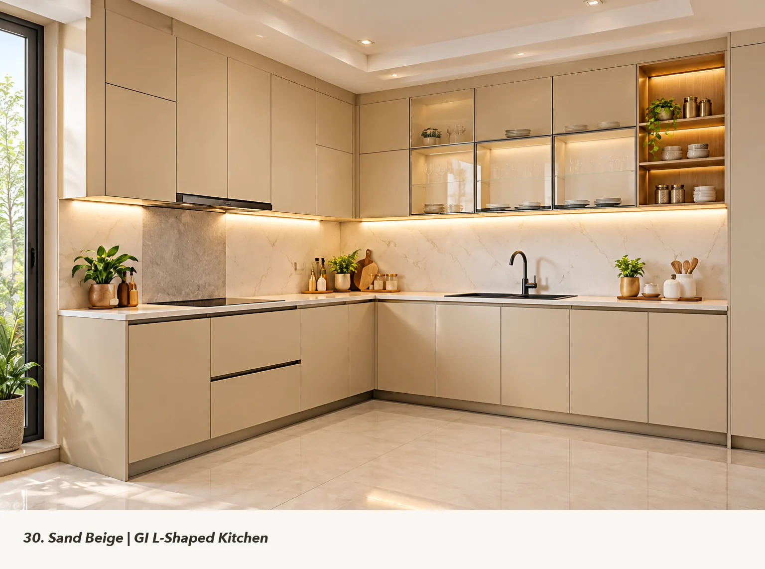 Concept render of sand Beige L-Shaped Kitchen Design with Open Corner Shelf