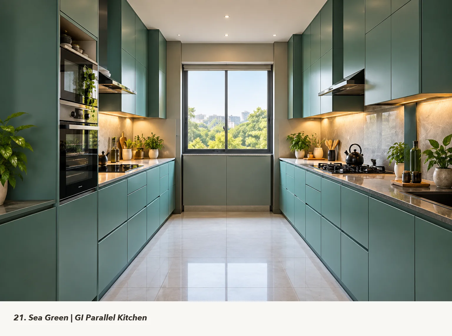 Concept render of sea Green Parallel Kitchen Design with Bright Window