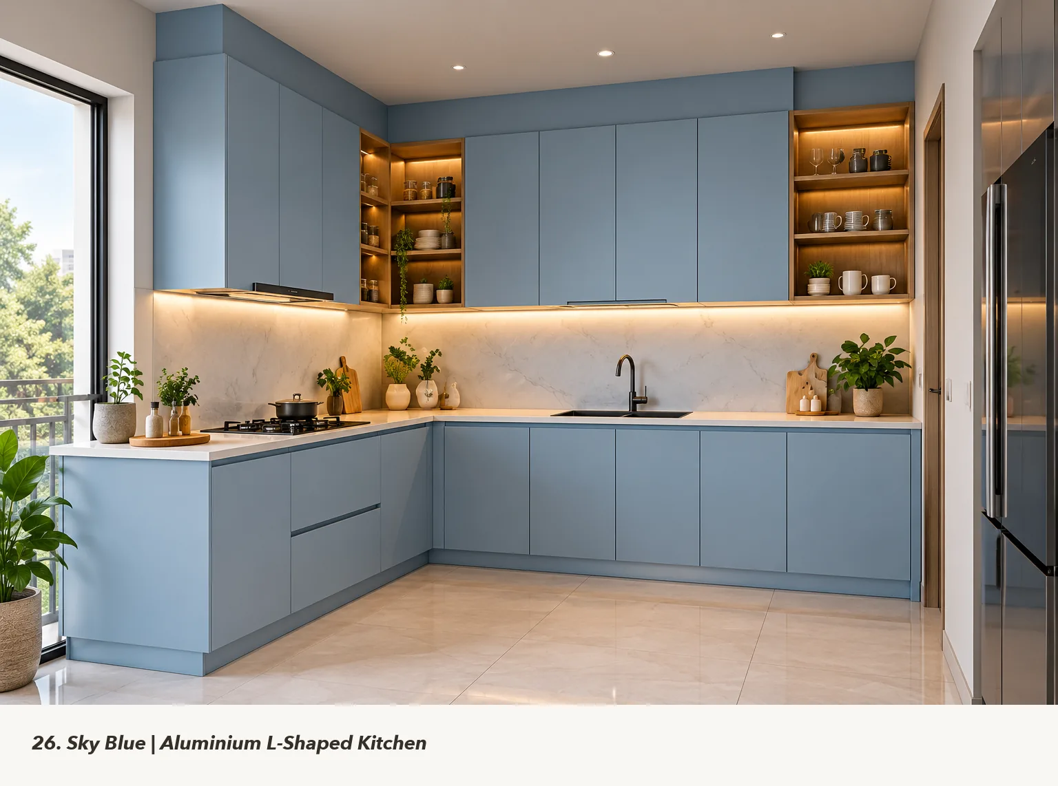 Concept render of sky Blue L-Shaped Kitchen Design with Open Display Shelves