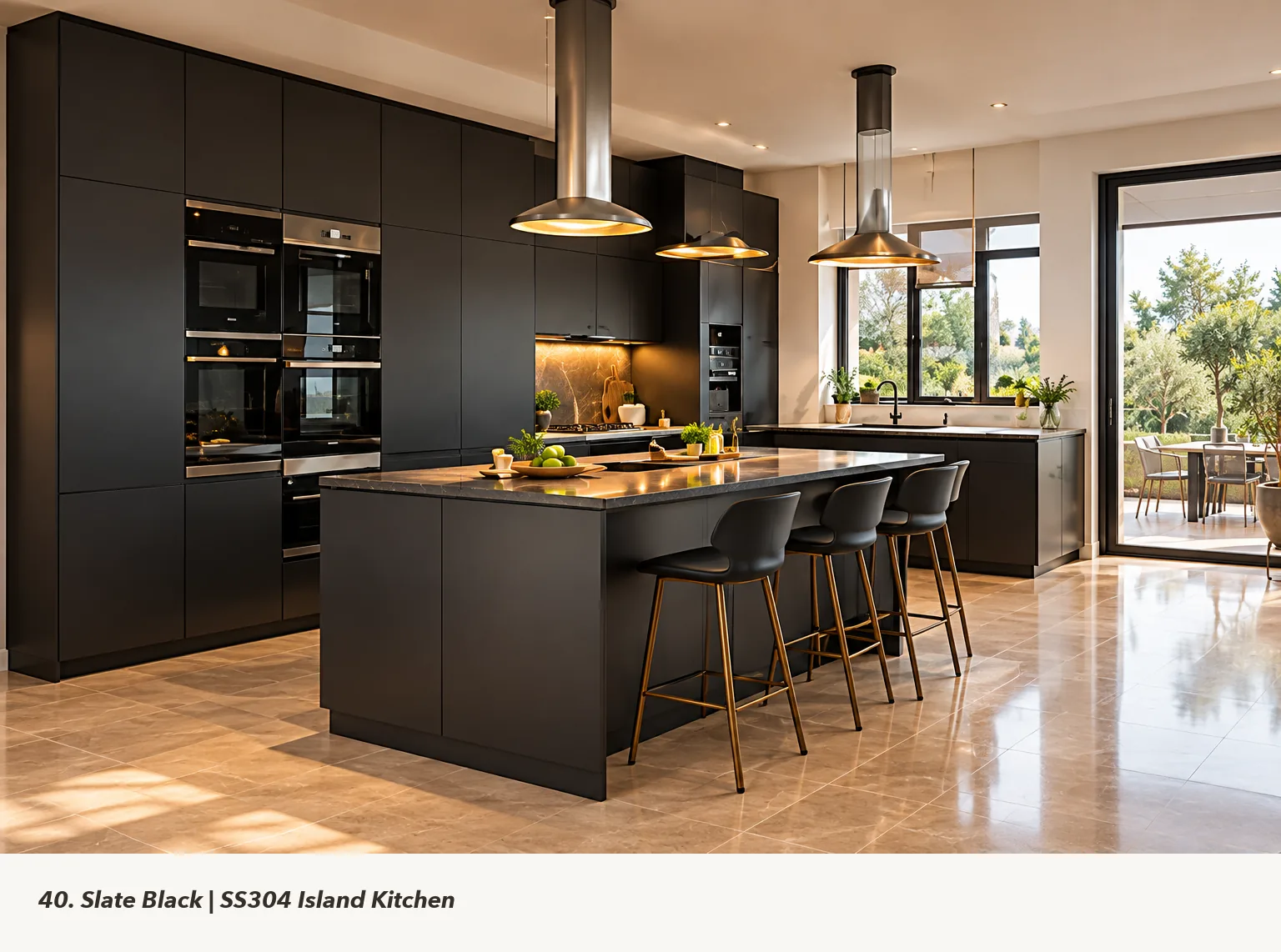Concept render of slate Black Island Kitchen Design with Dining-Side Counter