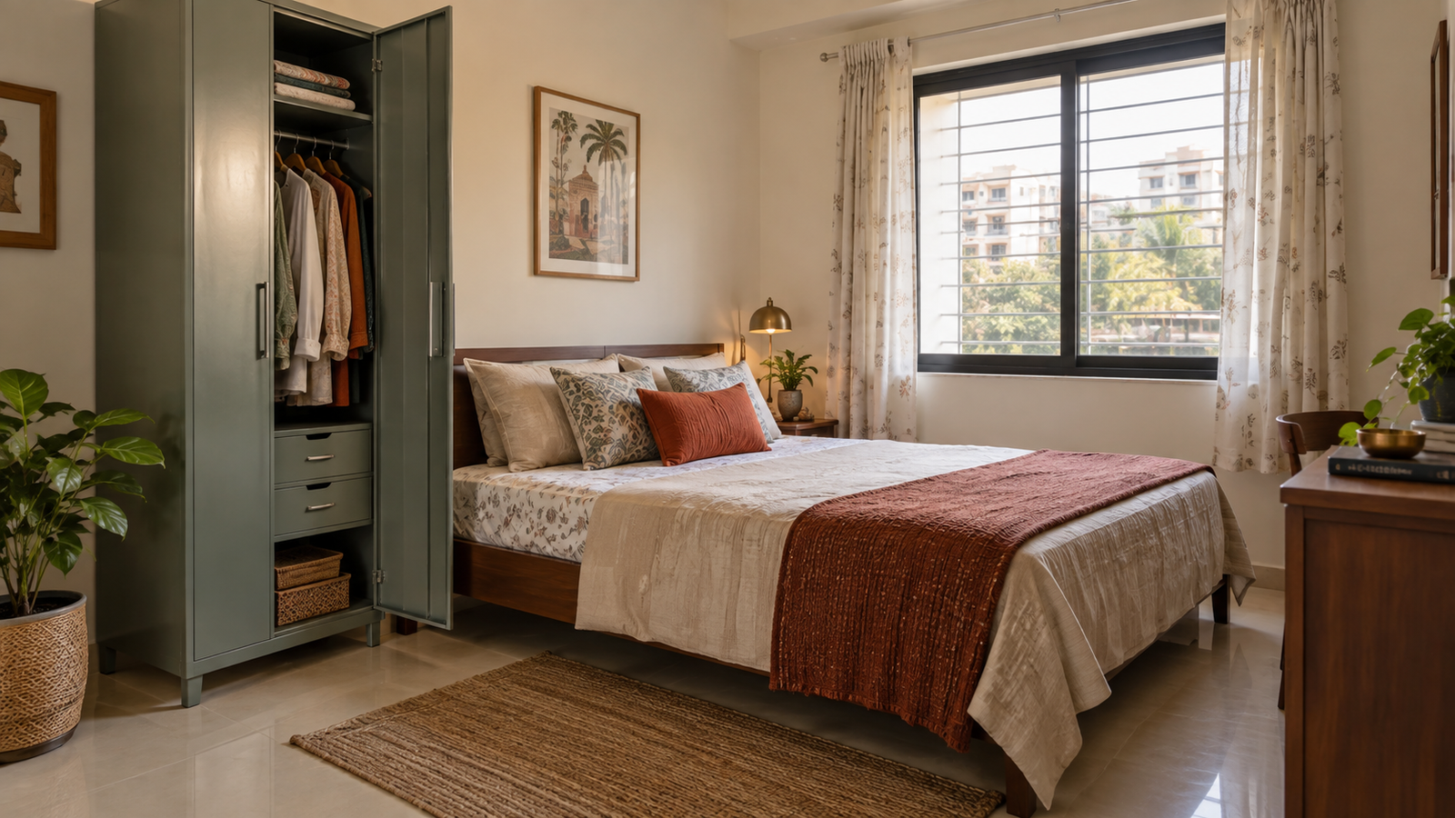 Small bedroom wardrobe ideas showing clear bed-side circulation and open metal storage