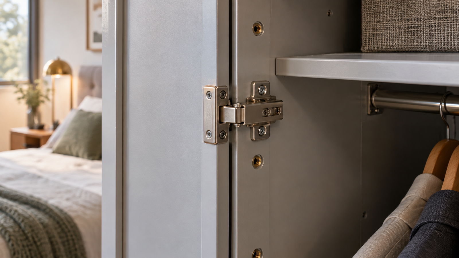 Close-up of a serviceable metal wardrobe hinge and fixing points