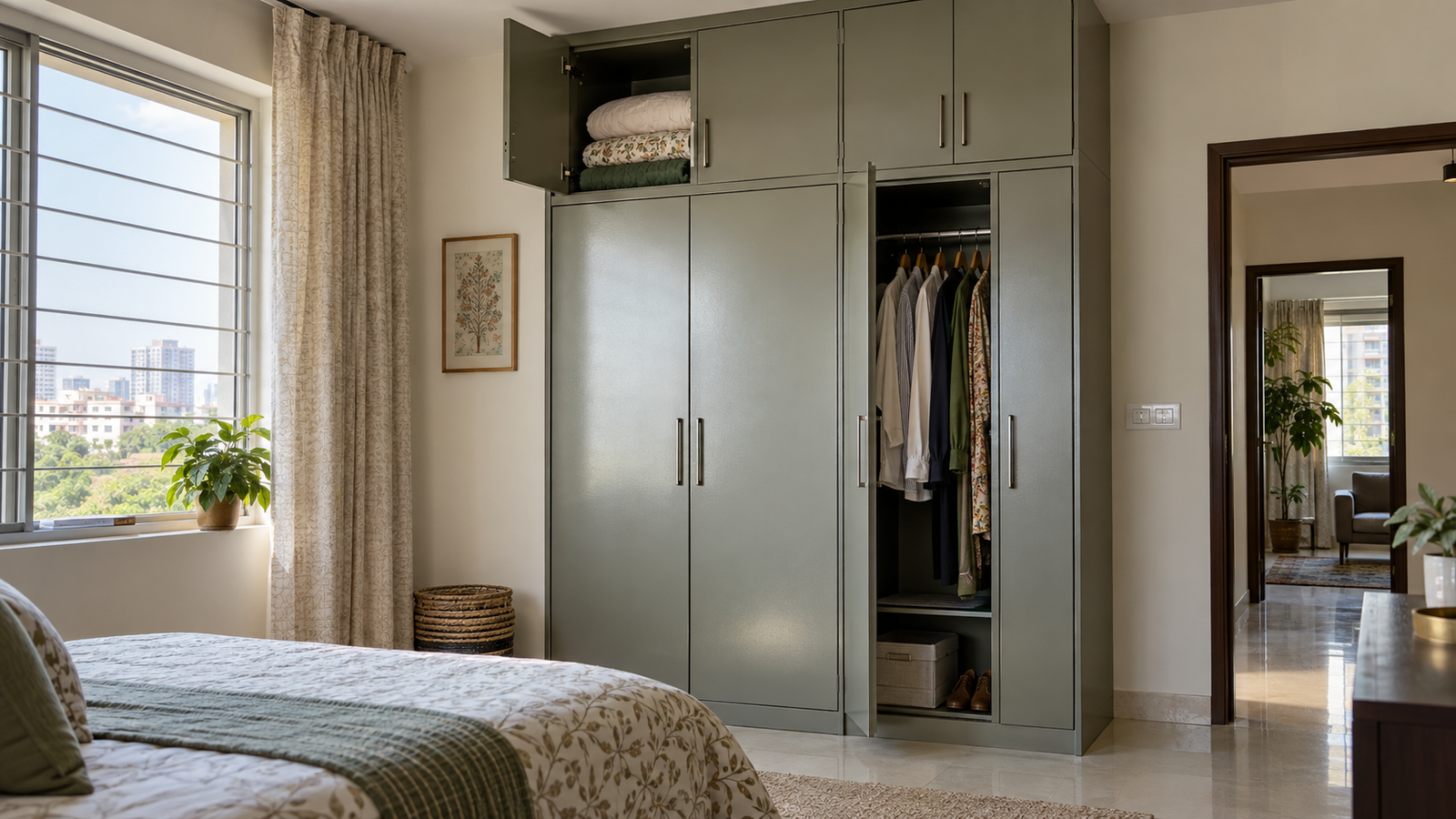 Full-height compact metal wardrobe with an integrated upper loft