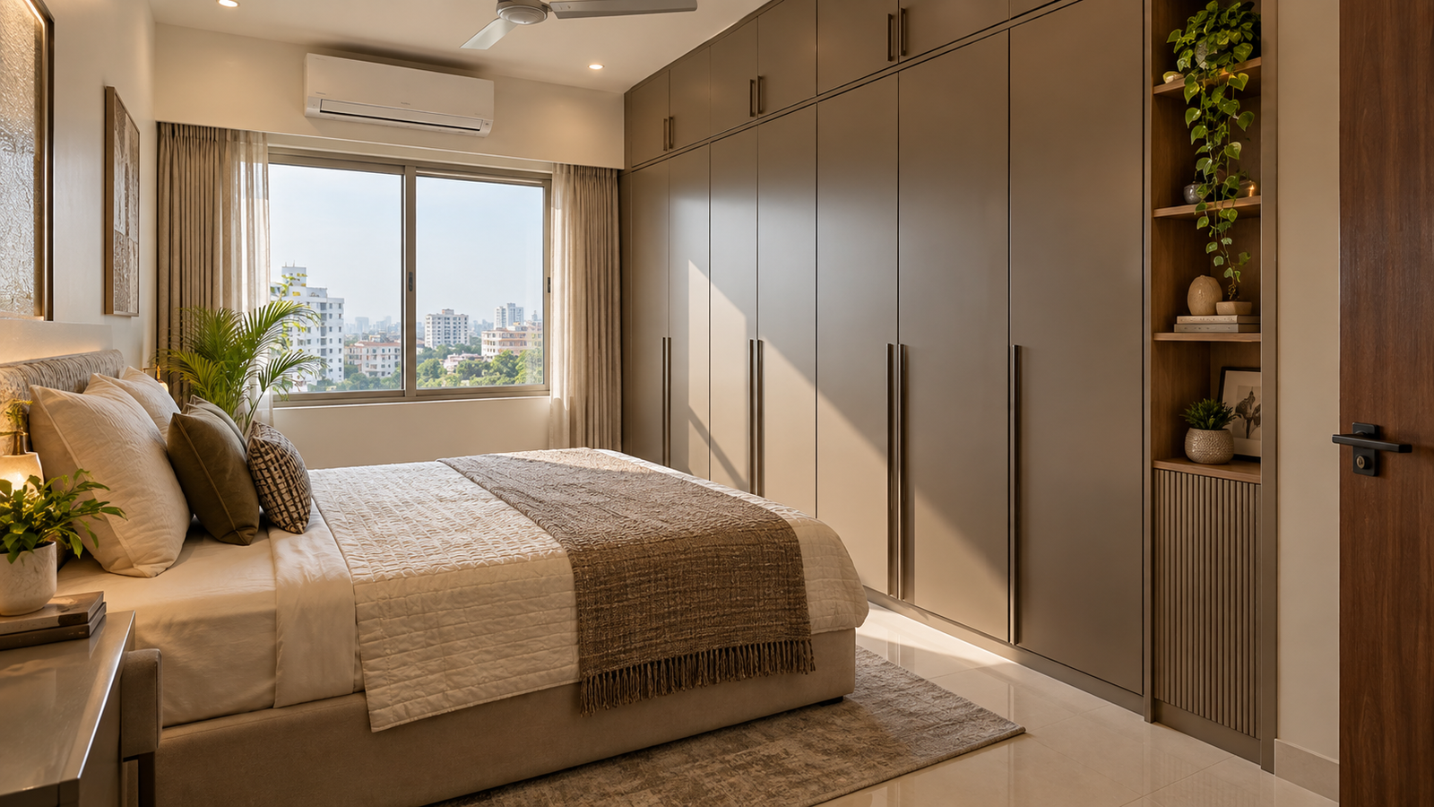 Small bedroom wardrobe ideas with full-height metal storage and clear walking space beside the bed
