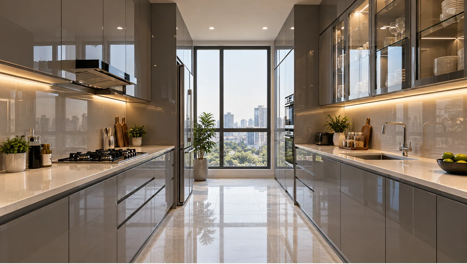 Concept render of smoky Grey Parallel Kitchen Design with Glossy Glass Cabinets