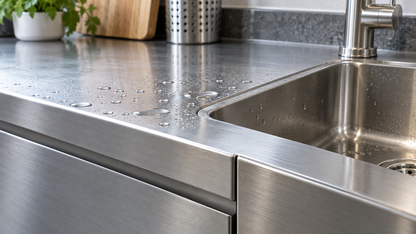 Close-up of brushed SS304 kitchen cabinet beside a sink showing intact corrosion-resistant finish