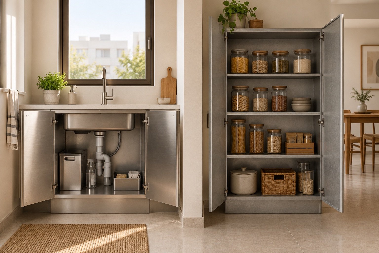 Stainless steel vs GI kitchen cabinets concept showing SS304 sink storage and separate GI dry pantry