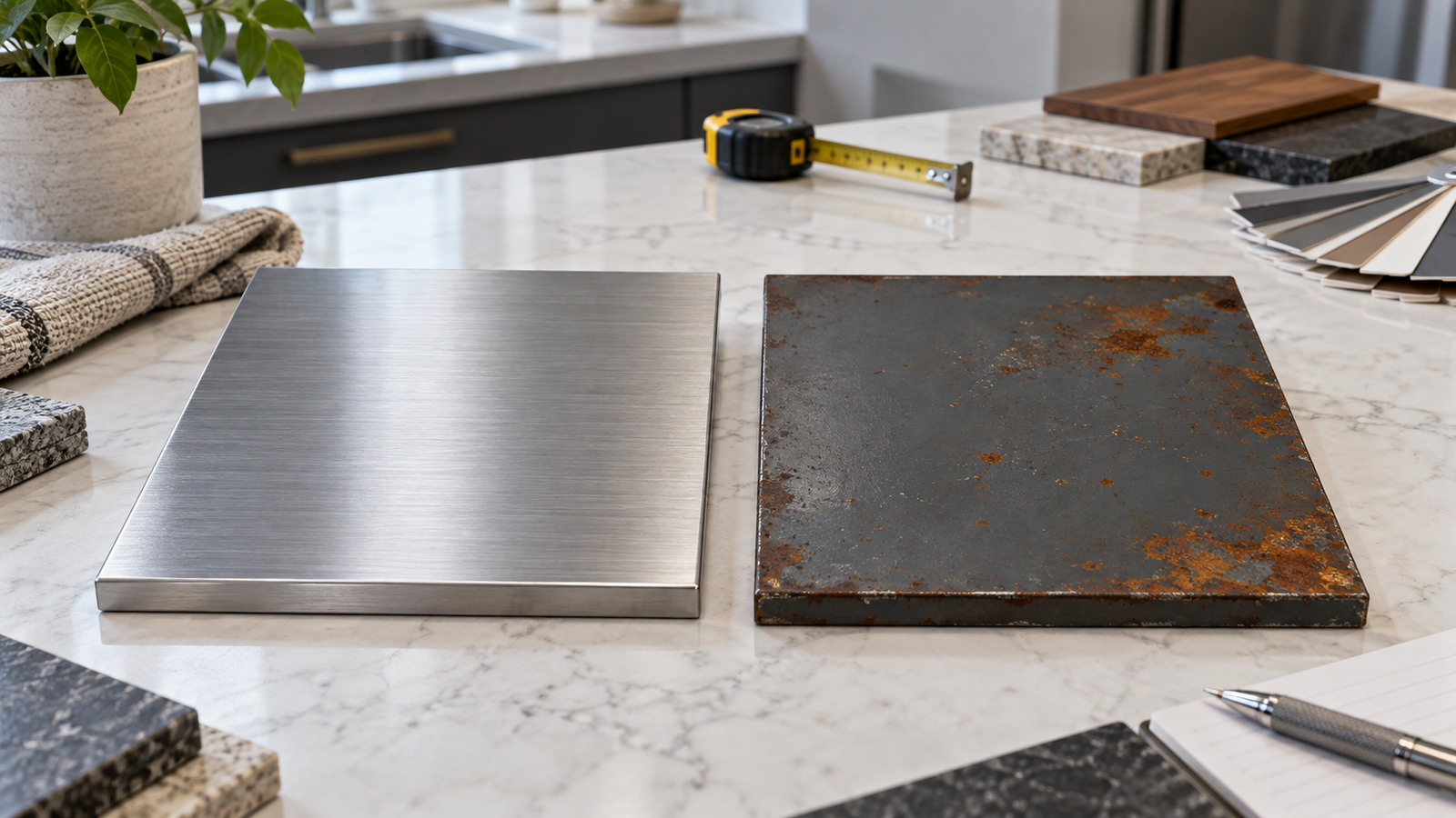 Side-by-side SS304 stainless steel sample and rusted painted mild steel sample