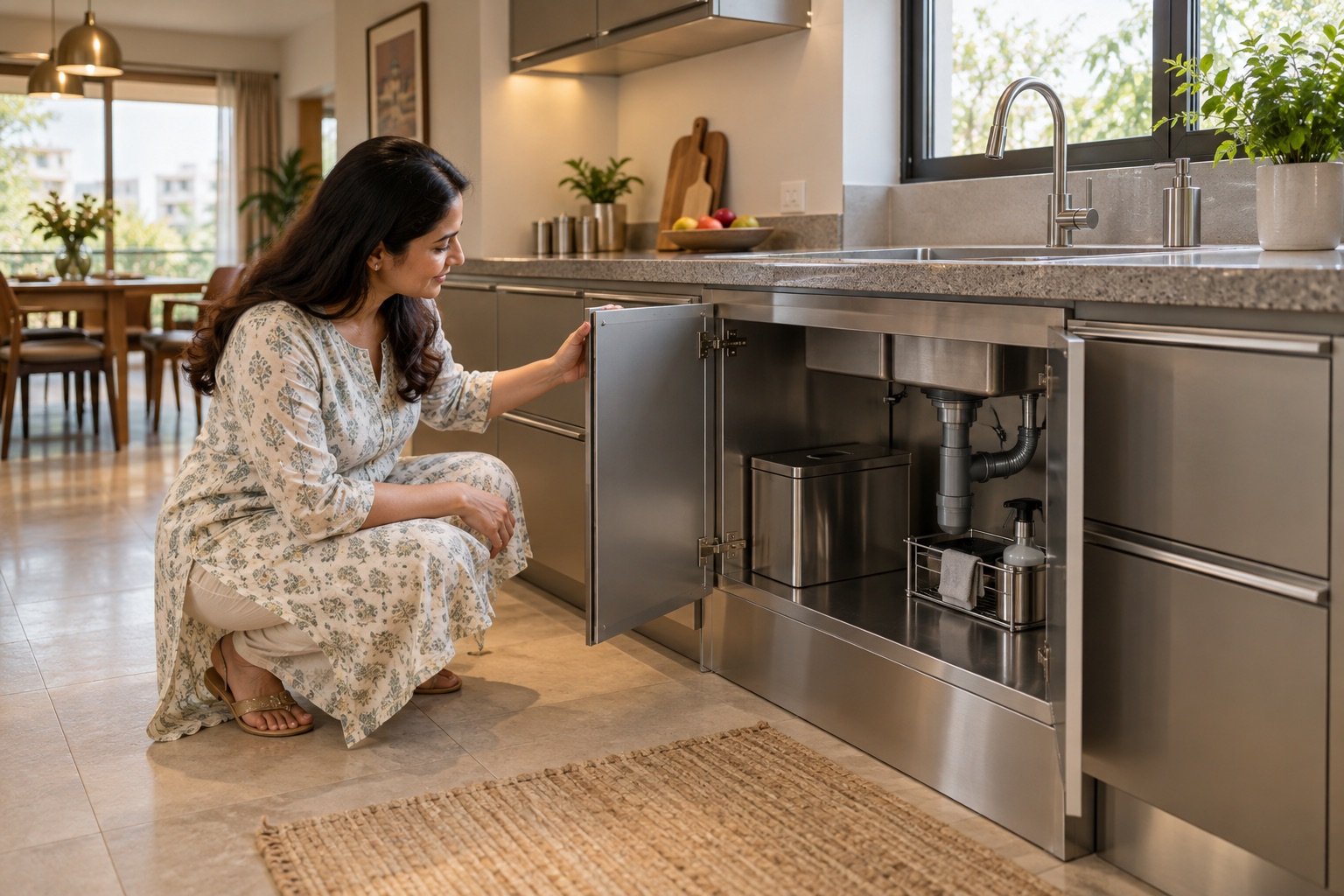 Stainless steel sink-base cabinet in a Hyderabad modular kitchen
