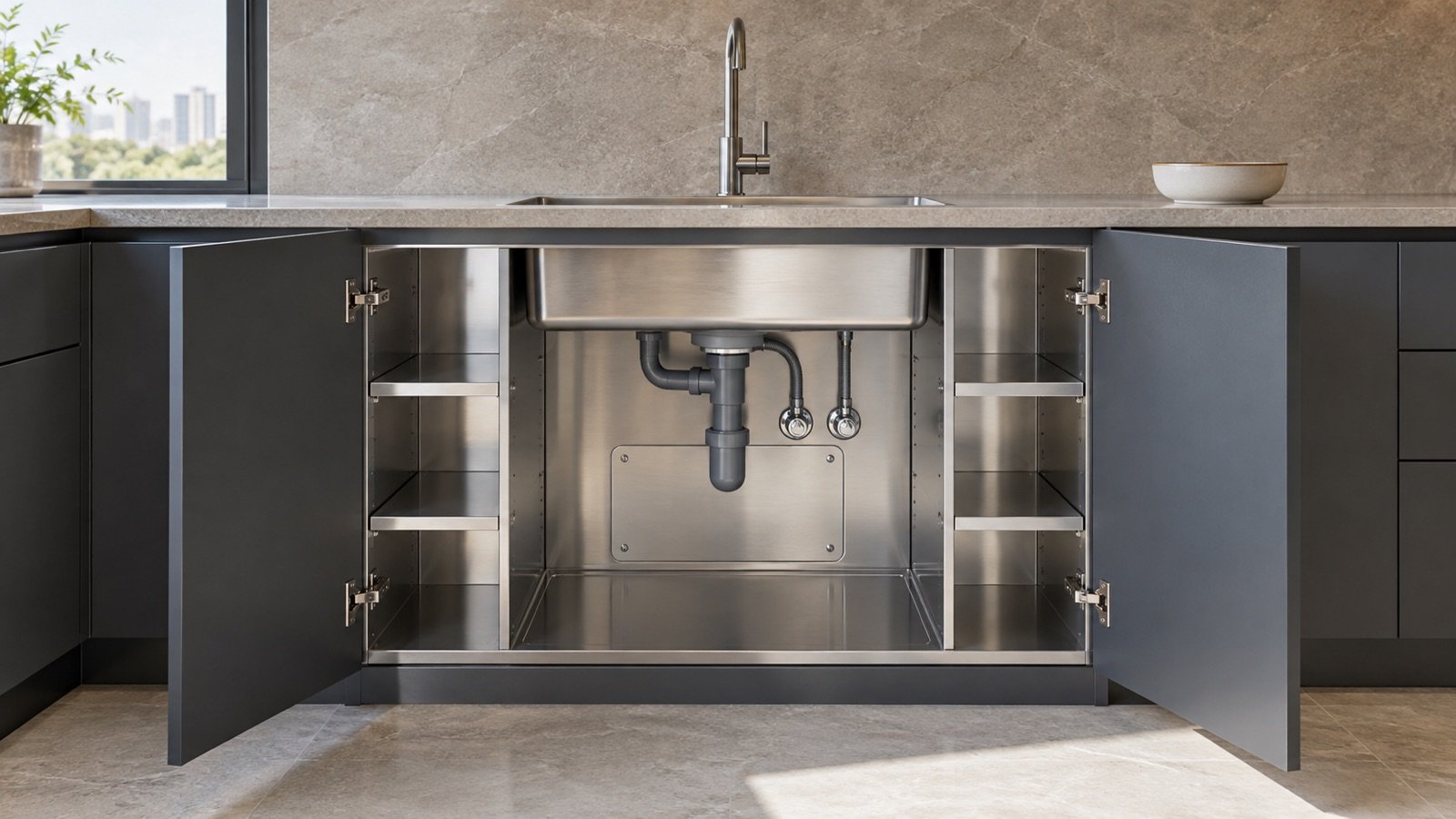 Stainless-steel under-sink cabinet with accessible service access in a Hyderabad kitchen