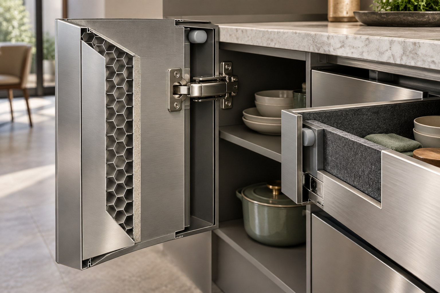 Are steel kitchen cabinets noisy: realistic cutaway of honeycomb acoustic core, soft-close hinge and silicone buffer