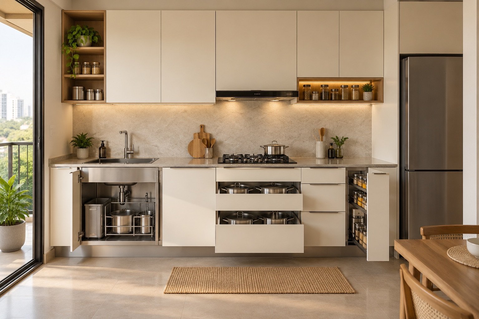 Concept of a compact straight SS304 kitchen with white cabinetry and defined sink base