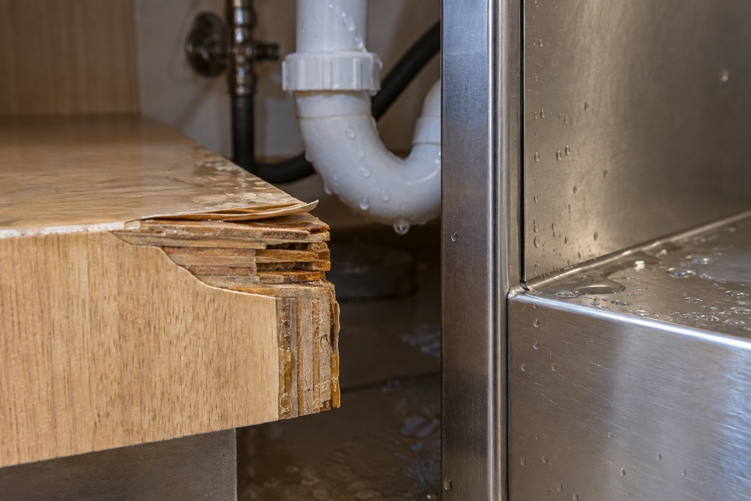 Swollen plywood edge compared with a stainless steel kitchen cabinet after water exposure