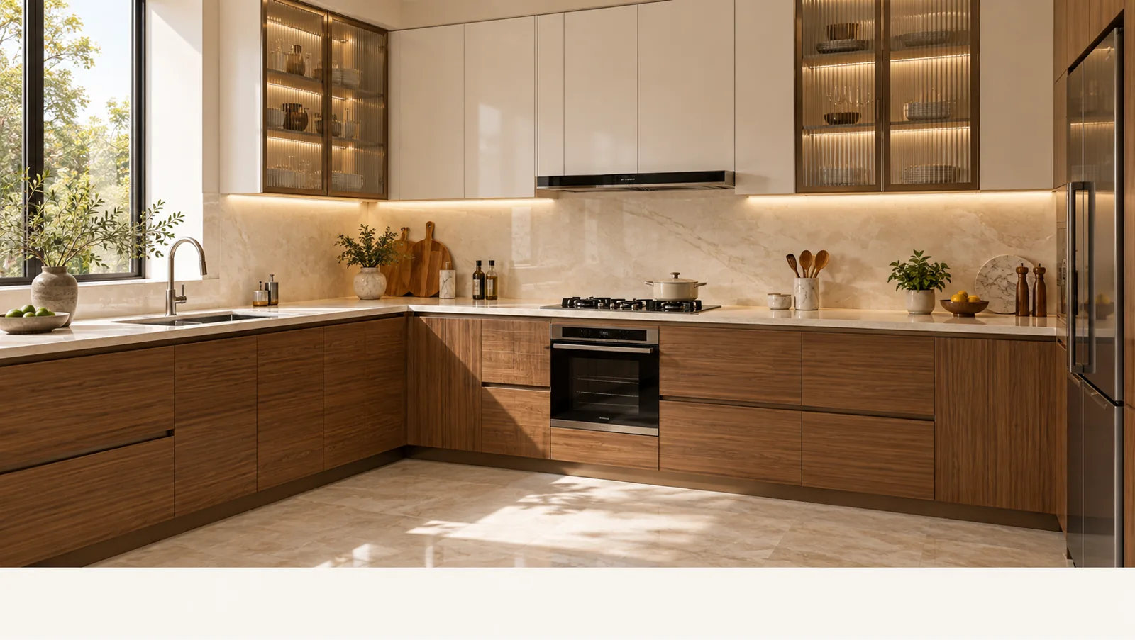 Concept render of teak and Off-White L-Shaped Kitchen Design with Glass Display Cabinets